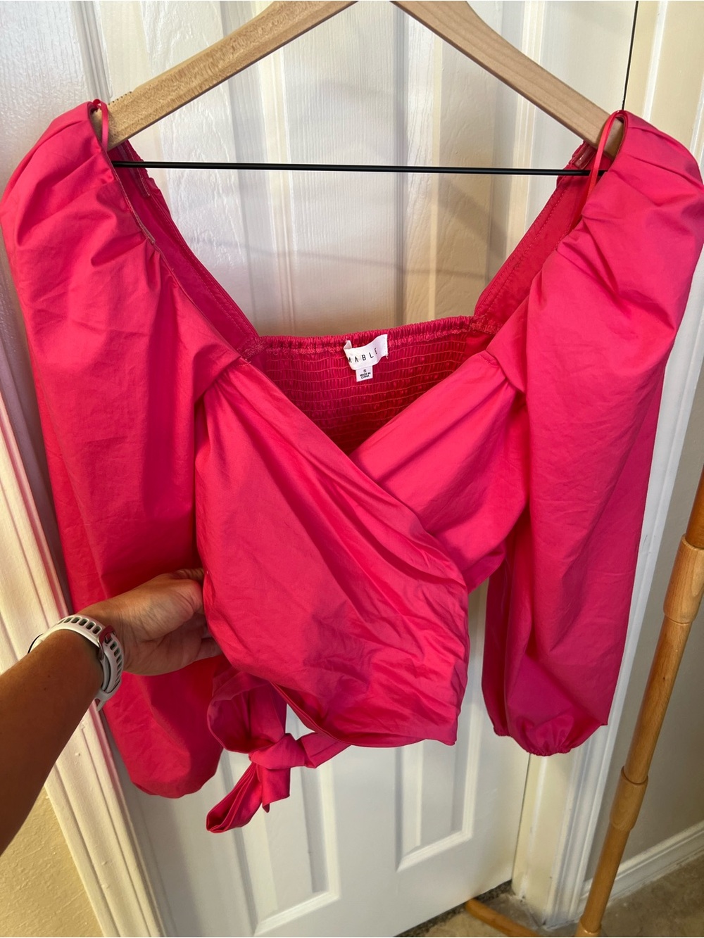 Mable Hot Pink Puff-Sleeve Wrap Top with Tie Waist